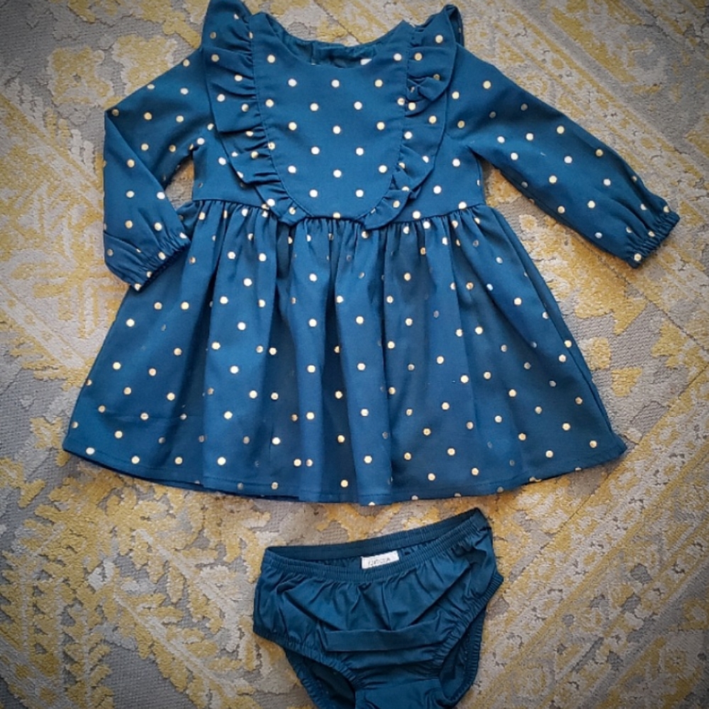 Baby Girls' Dot Long Sleeve Dress with Diaper Cove